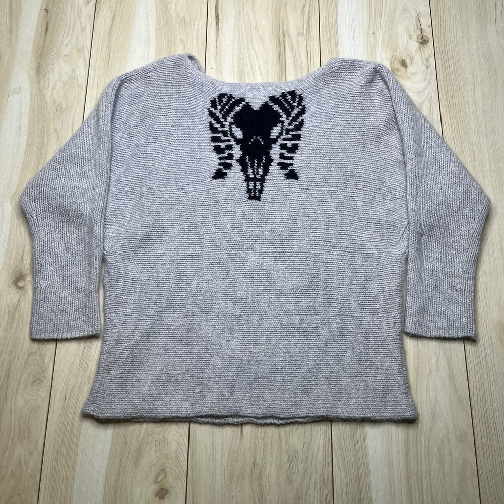 HUNKYDORY Lambswool Angora Ram Skeleton Knit Sweater Womens Size XL Gray Blue
